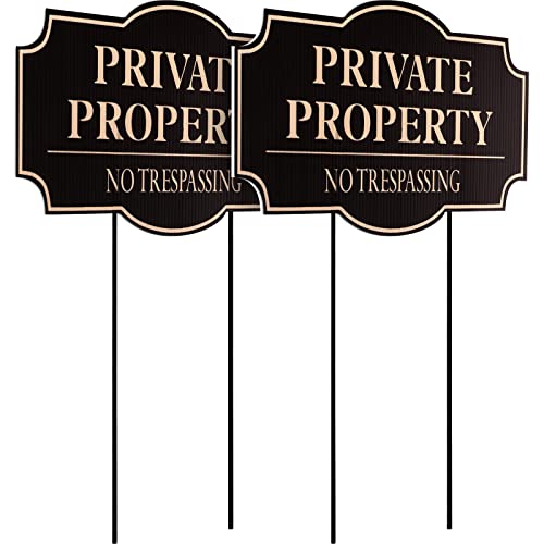Sawysine 2 Pcs Corrugated Plastic No Trespassing Signs, 11.8 x 6.7 Inches, Private Property Decorative Signage with Stakes, for Garden Lawn Indoor Outdoor Use (Brown Text)