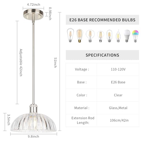 Image of JYO 10 inch Brushed Nickel Pendant Lighting, Vintage Single Pendant Light Fixtur with Ribbed Glass, Pendant Light for Kitchen Island Bedroom Hotel Living Room