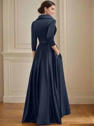 A-line Formal Mother of The Bride Dress Elegant Wedding Guest Dress Satin V-Neck Collared Asymmetrical Bow 20243