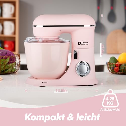 Kitchen in the box Küchenmaschine, 4,5 L & 5 L Knetmaschine, 10+P Geschwindigkeits Teigmaschine mit Knethaken, Rührhaken und Schneebesen, 1300 W, Rosa