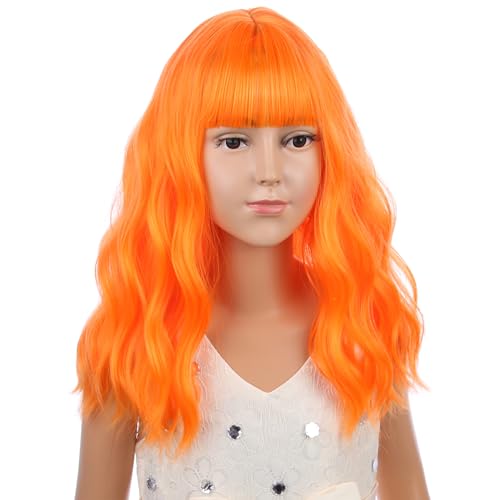 Image of PATTNIUM Kids Bright Orange Wig with Bangs Girls Short Curly Wavy Orange Bob Wigs Synthetic Wigs for Children Cosplay Costume Party
