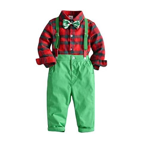 AvoDovA Infant Baby Boy Tuxedo Clothes Set Long Sleeve Gentleman Outfits+Suspender Pants+Bowtie+Beret Hat Wedding Dress Suit (Plaid Red Green, 5-6 Years) Cover
