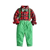 Toddler Boy Formal Christmas Outfit Baby Gentleman Suit Plaid Long Sleeve Bowtie Shirt Suspender Pants Dress Clothes (Red & Green, 4-5 Years)