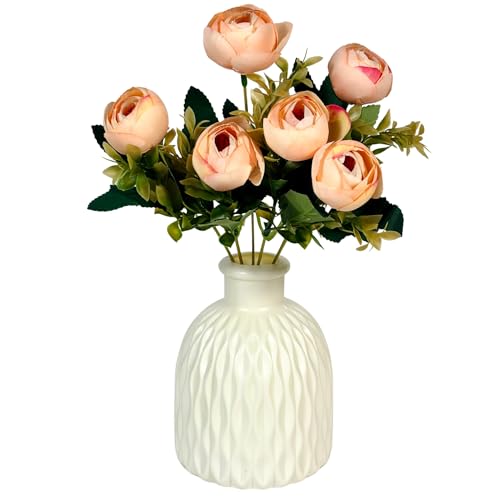 Image of Dekorly Artificial Peony Flowers Bunch | White Vase with Flowers Bunch | Artificial Plants for Home Office Hotel Decor | Bedroom Living Room Bathroom Decor (Cream, Height : 30CM)