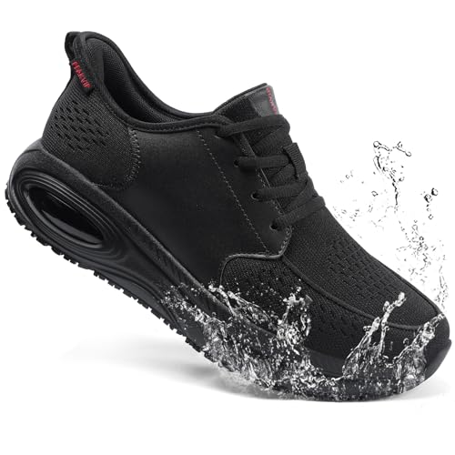 Wide Non Slip Work Shoes for Men, Slip On Water Resistant Food Service Kitchen Chef Shoes, Slip Resistant Sneakers with Arch Support, Orthopedic Comfortable Cushioned Walking Shoes All Black Size 10.5