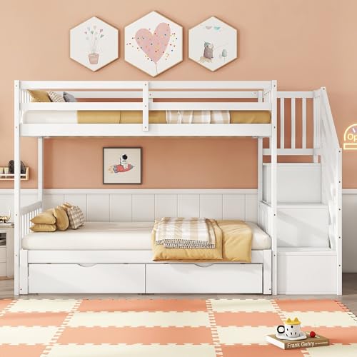 ZKLOEP Litera, 90 x 200 cm, cama con cama nido, cama con somier (sin colchón), escalones almacenables, dos cajones, madera de pino, minimalista, color blanco