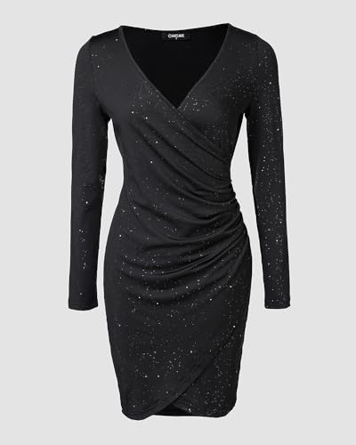 Womens Sequin Dress Sparkly Glitter V Neck Long Sleeve Wrap Ruched Bodycon Elegant Sexy Cocktail Mini Dress4