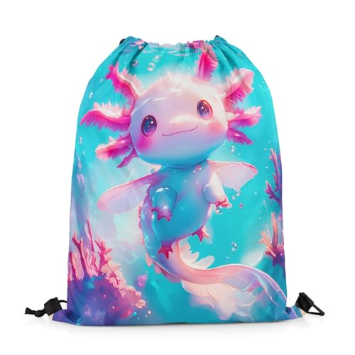 jejeloiu Cute Pink Axolotl Drawstring Backpack 13"x15.7" Cartoon Ocean Salamander Gym String Bag Kawaii Marine Sea Life Drawstring Bags Reptile Animal Waterproof Cinch Bag2