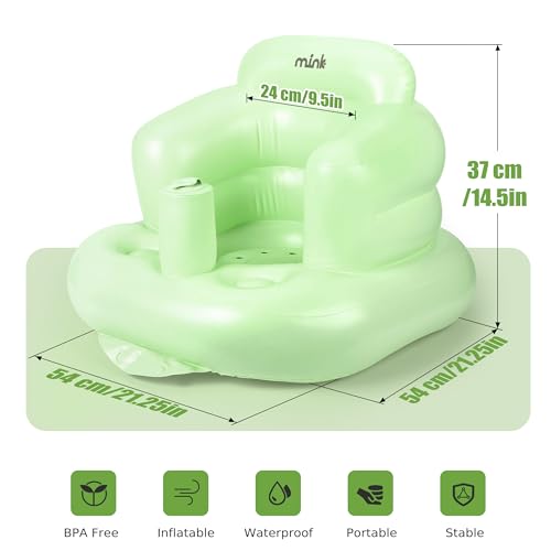 Image of Mink Inflatable Baby Seat for Babies 3 Months & Up, Blow Up Floor Baby Chair with Back Support, Fence & Built-in Air Pump, Sit Me Up Inflatable Chair for Sit Training, Feeding, Travel (Grass Green)
