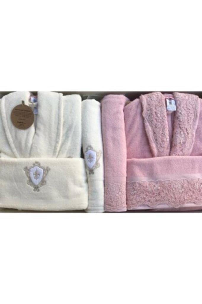 Özdilek Ece Bathrobe Set (Bathrobes & Bath Towels & Face Towels), Woman (M) & Man (L), 100% Turkish Cotton