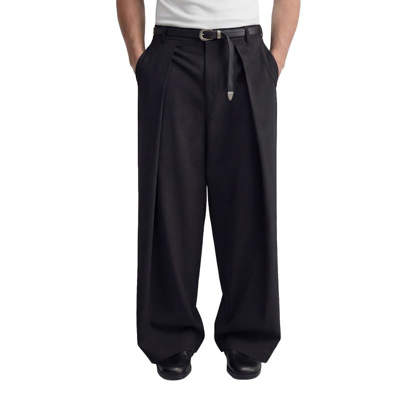 100% Cotton Black Pleated Tailored Trousers | Straight Relaxed Fit-image-37