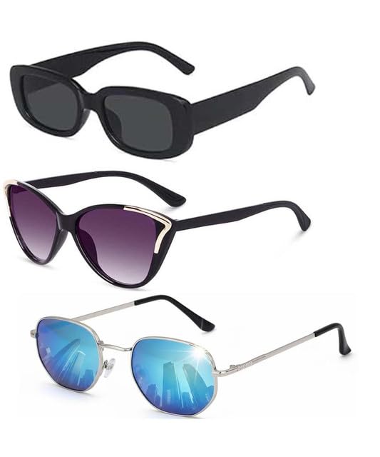 Y&S Unisex Goggle Combo| Combo Offer Pack of Branded Latest Stylish| Black Candy Black Cateye Blue Hexagonal for Men and Women with Box|3-1193