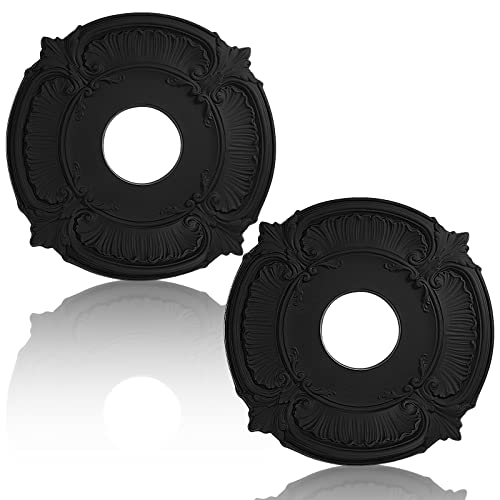 Image of 2 Pieces PU Ceiling Medallion Decorative Ceiling Fan Medallion Round Home Lighting for Light Fixtures Chandeliers, 12 inchod x 3.5 inchID(Black)