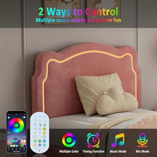 Image of Velvet Upholstered Princess Bed Frame with RGB LED Smart Light, Adjustable Bear Headboard, Wooden Slat Support, No Box Spring Needed, Noise-Free, Easy Assembly, Twin Size for Kids, Twin Pink