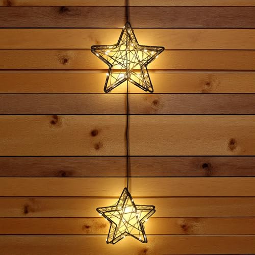 Metall Leuchtstern schwarz 2er Set für Außen mit Timer batteriebetrieben - 35 LED - Weihnachtsstern zum Hängen warm weiß beleuchtet - Weihnachten Advent Garten Deko Beleuchtung Stern Leuchte