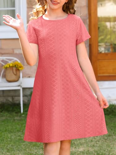 YOVION Girls Summer Eyelet Dress, Short Sleeve A-Line Swing Casual Sundress with Pockets for 6-12 Years Bean Paste — view 2