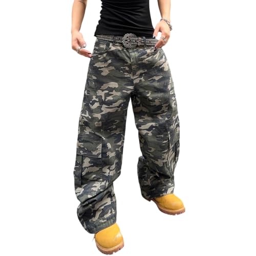 DFGIGT Men's Irregular Sutures Y2k Hip Hop Baggy Jeans Wide Leg Denim Pants Casual Loose Fit Trousers Streetwear Jinco 2000s Extreme Motion Relaxed Skater Skateboard Camouflage,L10 Camo,Large