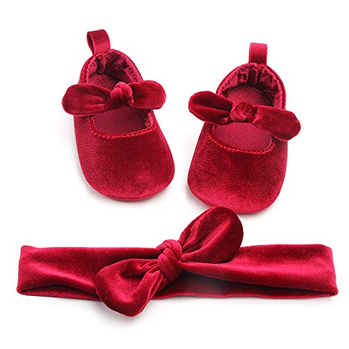 Baby Girls Princess Bowknot Shoes Soft Cloth Sole Velvet Cloth Crib Shoes+Cute Headband 2pcs Accessary (Red, 11)