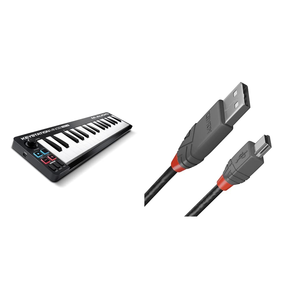 M-Audio Keystation Mini 32 MK3 - Portable USB MIDI Keyboard Controller for Mobile Music Production With Software Suite & LINDY 36722 1m USB 2.0 Type A to Mini-B Cable, Anthra Line, Black