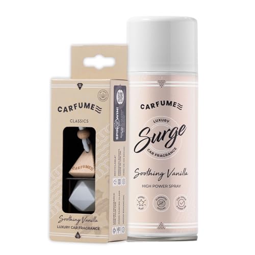 Carfume Classic Soothing Vanilla Car Air Freshener Twin Pack | Premium Sweet, Cream & Nutmeg Fragrance - White Diffuser & Surge Can Bundle - Luxury Unisex Car Accessory Gift