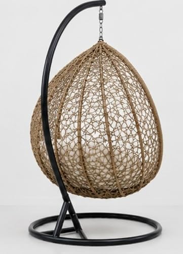 Image of Hindoro Rattan Wicker Wrought Iron Single Seater Swing Chair with Stand & Cushion & Hook Outdoor || Patio || Living Outdoor Furniture (Beige with White, Oval), 106.7 x 106.7 x 203 Cm