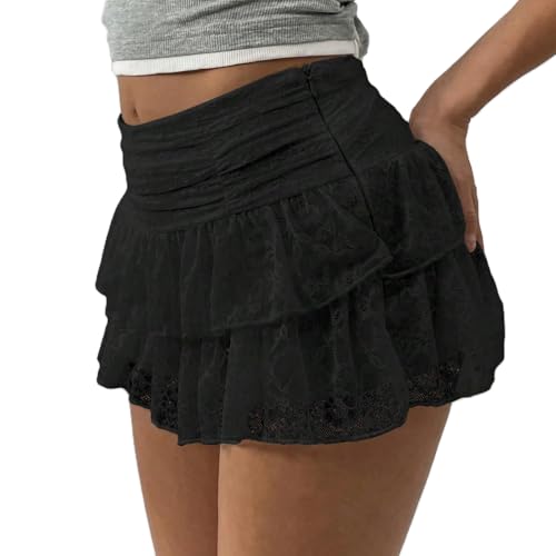Women Flowy Lace Mini Skirt Layered Ruffle Hem Short Skirt Sheer Mesh Tiered Skirts Going Out Streetwear