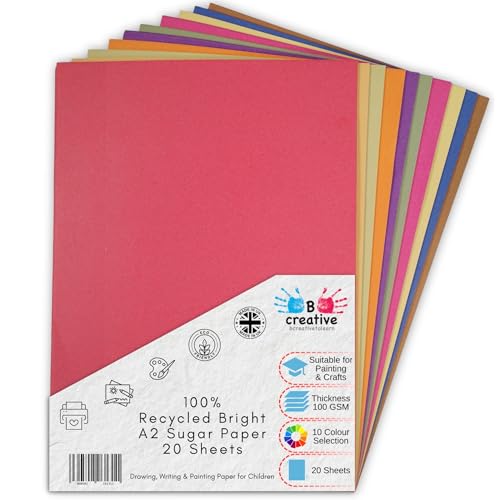 Be Creative A2 Recycled Sugar Paper 59.4 x 42 cm 100gsm 20 Sheets in 10 Assorted Bright Colours for Arts Crafts Drawing & Scrapbooking