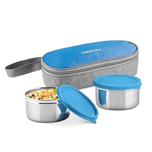 Image of MILTON Plato Pack Small Stainless Steel Lunch Box (2 X 340 ml containers) with Jacket | Leak Proof, Food Grade I Lightweight, Odour Proof | 1 Year Warranty I Ideal for Office, School, Travel, Blue
