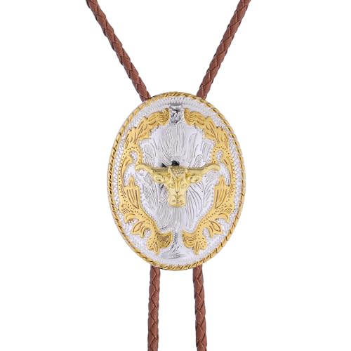 Image of GelConnie Brown Bolo Tie for Men Women Western Ties Mens Gold Bolo Tie Rodeo Cowboy Leather Necktie Cowgirl Tie Wedding