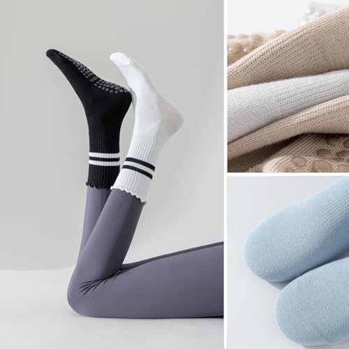 2 Pairs Women's Yoga Non-Slip Crew Socks Ruffle Top Pilates Home Comfortable Floor Socks4