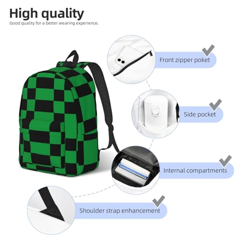 Black Green Checkered Lightweight Canvas Backpack, Backpack For Women Men Couples, Travel Laptop Backpack3