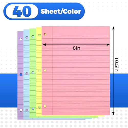 200 Sheets Loose Leaf Binder Paper, Colorful Wide Ruled Paper, 3-Hole Punched Notebook Paper for School Office, 8\" x 10.5”