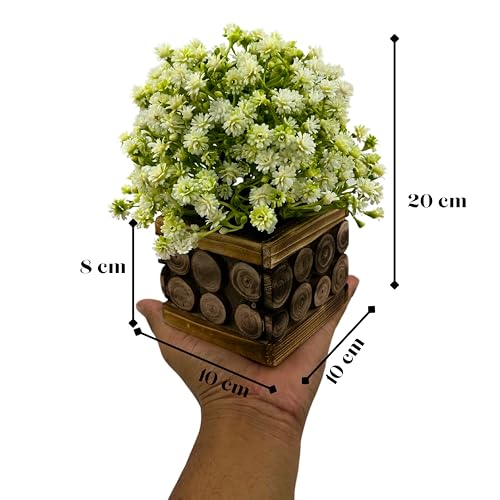 Image of Tdas Artificial Flower Plants Leaves Wooden Potted Flowers Home Decor Greenery Eucalyptus Small Faux with Pot for Indoor Shelf Desk Bathroom Bedroom Office Decoration (White)