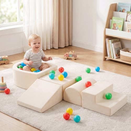 Image of Tiita Foam Climbing Blocks with Small Ball Pit Playground for Baby, Climb and Crawl Playset 5-Piece - Indoor Soft Play Climber for Playtime Fun, Beige