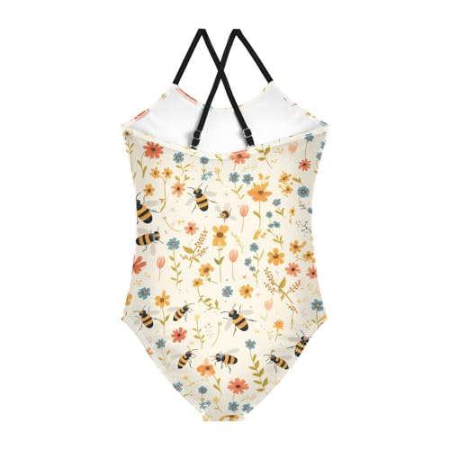 Vintage Embroidery Honey Bee with Wild Flowers Kids Girls 1-Piece Swimsuit Summer Swimwear Adjustable Strap Quick-Dry2