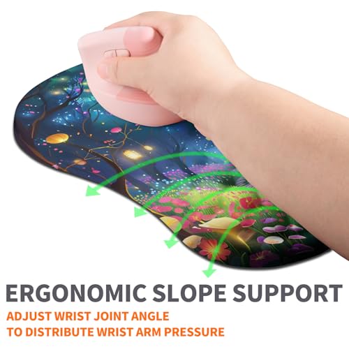 Image of Ergonomic Joint Wrist Support Mouse Pad with Memory Foam Cushion Massage Bump, Carpal Tunnel Pain Relief Mousepad Slope Design for Wrist Rest, 11.8x7.9 in, Fantasy Forest