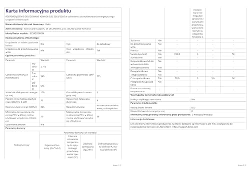Beko BCSA285K4SN Réfrigérateur combiné - Encastrable, Volume total 271L : 193L (Réfrigération) + 78L (Congélation), MinFrost, Compresseur ProSmart Inverter, Zone 0°C, 35 dB, Classe E