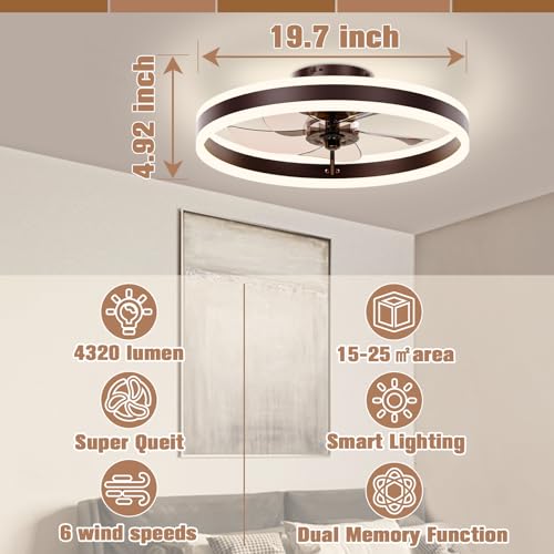 Image of VOLISUN Low Profile Ceiling Fans with Lights and Remote, 19.7in Flush Mount Ceiling Fans with Light, 3000K-6500K Dimmable Fandelier LED Fan Light, Brown Bladeless Ceiling Fans with Lights for Bedroom