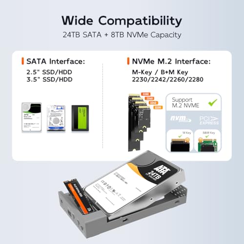Image of MAIWO Dual Bay Enclosure for M.2 NVMe and 2.5 3.5 Inch SATA SSD /HDD with Offline Clone, USB C 10Gbps Lay Flat Docking Station Duplicator for M.2 NVMe and External SATA Hard Drive