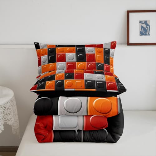 Image of Feelyou Building Blocks Brick Comforter Set King Size Bedding | Toddler Duvet Set Room Decor 3Pcs Orange Black Warm Cozy Breathable Lightweight All Season