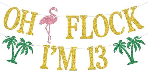 Image of Oh Flock I'm 13 Banner, Glitter Happy 13th Birthday Anniversary Party Decorations, Pineapple Party Decor, Hawaiian Luau Tropical Aloha 13 Theme Party Photo Props