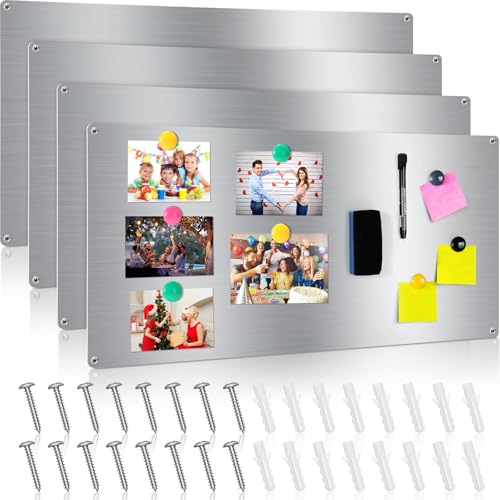 Therwen 2 Pieces 30 x 14 Inches Magnetic Wall Board Wet Erase Stainless Steel Magnet Bulletin Board with Mounting Screws for Home Office School Wall Refrigerator Display