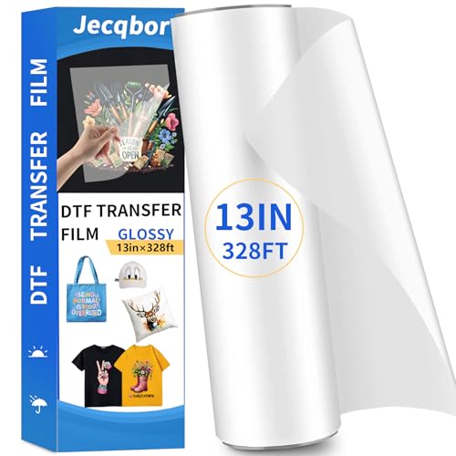 Jecqbor DTF Transfer Film Paper Roll 13 Inch x 328 FT Glossy Double Sided Heat Transfer Paper Thick Clear Pretreat PET Sheets for All DTF Printer Direct Print On T-Shirts Textile
