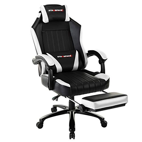 Gaming Chair with Footrest, Computer Video Game Chair with Headrest Massage Lumbar Support Tilt Lock Metal Base (White-293)