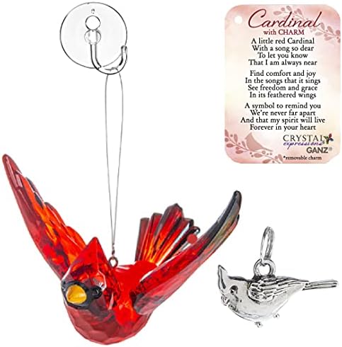 MMS Gifts Memorial Cardinal Ornament Gift Red Bird Hanging Crystal Window Décor, Charm, Story Card and Suction Cup, Sign of A Visitor from Heaven, 5
