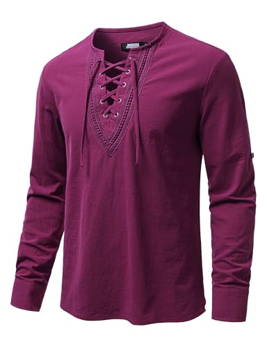 Image of JOGAL Mens Renaissance Shirt Medieval Pirate Viking Halloween Costume Gothic Steampunk Retro Long Sleeve Lace Up Shirts