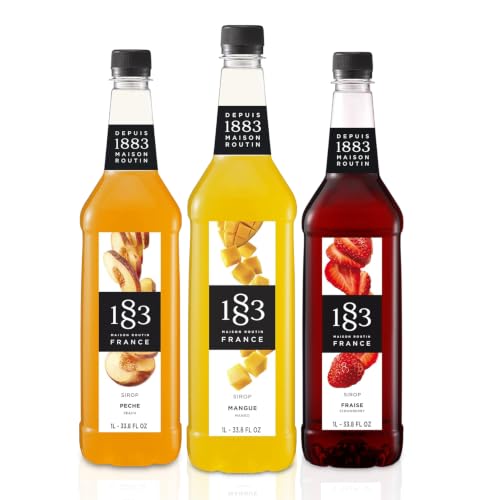 1883 Strawberry, Peach, Mango Syrups (Fruit Lovers) for Drinks – 1 Liter Plastic Bottles (Pack of 3)