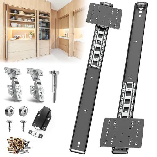 Image of 24in Pocket Door Hardware Slide 1 Set,Cabinet Hidden Sliding Pocket & Pivot Door Rail with Hinge for Heavy Duty Furniture,Soft Close Retractable Hardware Kit for Kitchen & Recessed Wardrobe