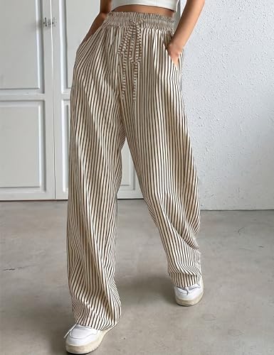 Womens 2025 Summer Lightweight Casual Striped Wide Leg Pants Drawstring Elastic Waist Palazzo Trousers Pants2