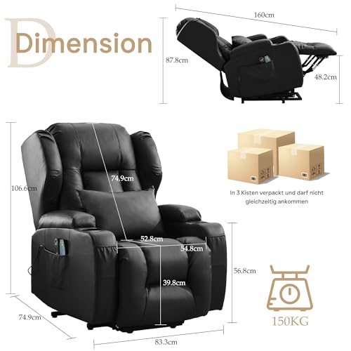 SITURAY Elektrisch Verstellbar Relaxsessel Fernsehsessel mit Liegefunktion Aufstehhilfe, Kunstleder Aufstehsessel Seniorensessel mit Massage Heizung, TV Sessel Kinosessel mit USB bis 150 kg (Schwarz) – Bild 4